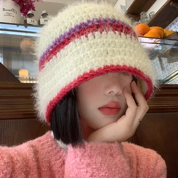 Вязаная шапка-ведро в японском ретро-стиле, подходящая по цвету, осенне-зимняя мода, универсальная теплая защита ушей, плюшевые женские шапки