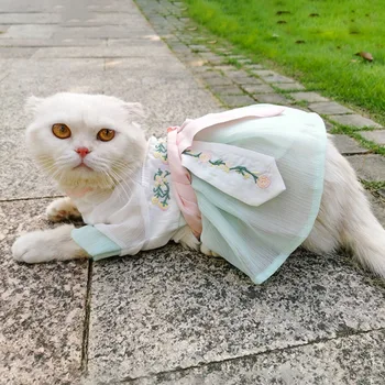 Красивая Винтажная Вышивка Летняя Дышащая с Лентой Щенячья Тонкая Юбка Pet Hanfu Cat Одежда Cat Antique Dress