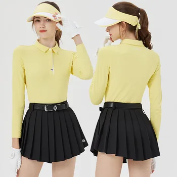 Blktee, Осенние женские однотонные рубашки-поло для гольфа, тонкие спортивные топы с длинными рукавами, женские плиссированные шорты для гольфа с высокой талией, антилегкие юбки