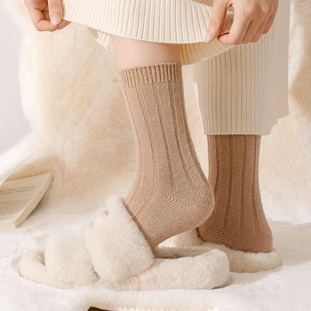 1 пара носков до середины икры с завязками в вертикальную полоску, зимние теплые плотные шерстяные носки, однотонные осенние спортивные чулки в полоску