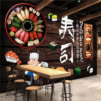 Изготовленные на Заказ суши Фон из темных деревянных досок Обои 3D Ресторан японской кухни Суши Бар Промышленный декор Настенные обои