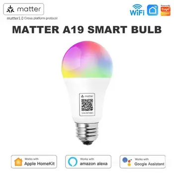 Matter E27 Умная лампочка Wi-Fi, светодиодная лампа RGB с регулируемой яркостью, база E27 с дистанционным управлением, Поддержка Alexa Home HomeKit, светодиодные лампы Siri
