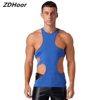 Мужские асимметричные облегающие майки с вырезами, без рукавов, с круглым вырезом, однотонная футболка, демонстрирующая мышцы для клубных тренировок
