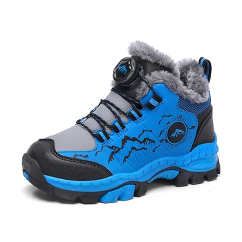 Новый стиль Зимней детской походной обуви Ботинки для мальчиков Плюшевые теплые детские снегоступы Водонепроницаемая кожаная обувь Детские ботильоны на плоской подошве