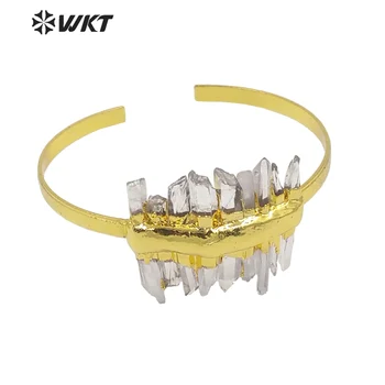 WKT-B583 Благородный Щедрый Золотой гальванический браслет-манжета открытого размера Для женщин в богемном стиле, украшенный натуральным кристаллом кварца