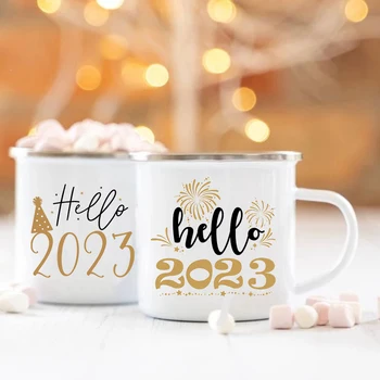Креативные кофейные эмалированные чашки с принтом Hello 2023 Новогодняя вечеринка Кружки для вина Сока Молочная кружка с ручкой Посуда для напитков Подарки для семьи и друзей