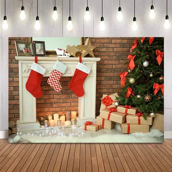 Фон для фотографии Рождественский белый камин красный носок фон для фотобудки студийные свечи подарки фон для фотобудки реквизит