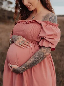 Фотосессия в стиле Бохо с розовыми оборками и открытыми плечами, фотосессия в душе ребенка, одежда для беременных, макси-платье для женщин
