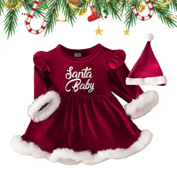 Рождественское красное платье для малышей, платья-трапеции с длинными рукавами и шляпа для маленьких девочек, милый рождественский наряд