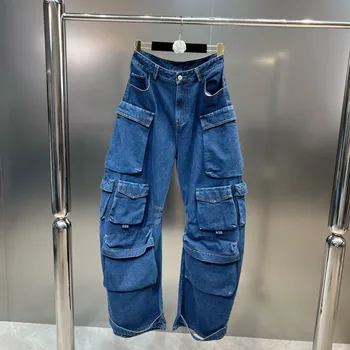 2000 Осенняя мода, Высокое Качество, Дизайн с множеством карманов, Джинсовые Женские Свободные синие джинсовые брюки с высокой талией, женские GG705