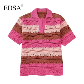 EDSA/ Женский модный свитер-поло оверсайз в полоску, пуловер с короткими рукавами и V-образным вырезом, весенне-летние топы