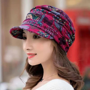 Новая женская кепка с короткими полями, теплая складная ушанка, женская кепка с цветочным принтом в этническом стиле, осенне-зимняя шапка, повседневная одежда