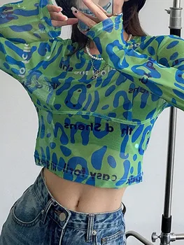 Seeslim Сексуальный укороченный топ для женщин 2022 Y2k Tie Dye, сетчатая футболка с длинным рукавом, женская уличная одежда, тонкая футболка с надписью Femme Summer