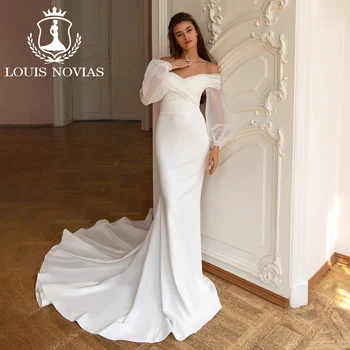 Свадебные платья Русалки с пышными рукавами LOUIS NOVIAS 2023 с вырезом лодочкой и Трубчатым шлейфом, Атласное свадебное платье-футляр Vestidos De Novia