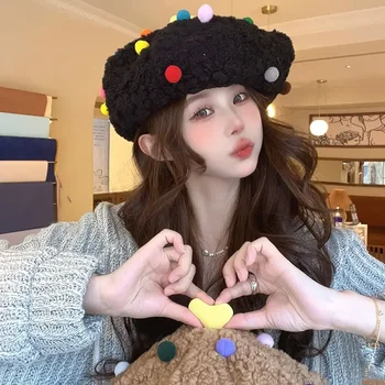 Оригинальные цветные желейные бобы, милые береты для женщин, осенне-зимние теплые универсальные восьмиугольные шляпы для родителей и детей в корейском стиле с большой головкой