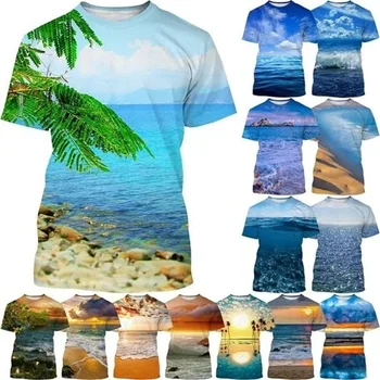 Летние футболки с графическим рисунком Морского пейзажа, Модные Мужские топы, Повседневные футболки В пляжном стиле с 3D Принтом Природных Пейзажей, 150-4XL