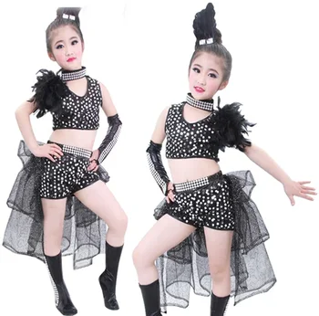2023 Новый Джазовый танцевальный костюм с блестками и перьями для девочек, бальное платье в стиле хип-Поп, танцевальная одежда, топ с пайетками + юбка 110-150 см