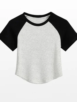 Сезон: весна-лето, Новая женская футболка, повседневный хлопковый короткий топ приталенного кроя с круглым вырезом, модный универсальный спортивный пуловер с коротким рукавом