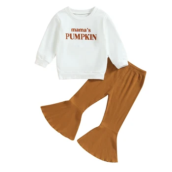 Осенняя одежда для девочек, свитшоты с круглым вырезом и длинными рукавами с буквенным принтом, однотонные расклешенные брюки, комплект одежды из 2 предметов на Хэллоуин