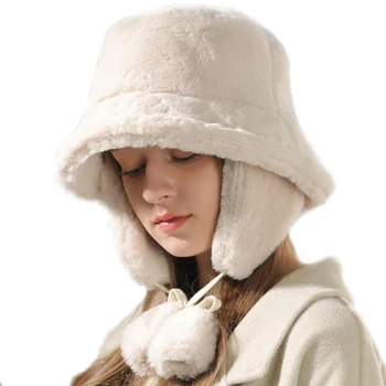 Новые зимние шапки-ведра, женская теплая шапка для защиты ушей, ушанка, плюшевые широкополые кепки, универсальная кепка с клапаном, Ретро меховая шапка