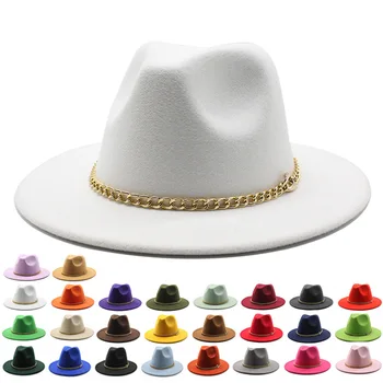 2022 новая шляпа с большими полями, цилиндр с плоскими полями, фетровая шляпа, осень-зима, мужская и женская шерстяная джазовая шляпа с цепочкой, модная панама