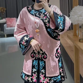 Высококачественный зимний женский топ с вышивкой в китайском стиле, элегантное женское ацетатное теплое пальто Hanfu Female S-XXL