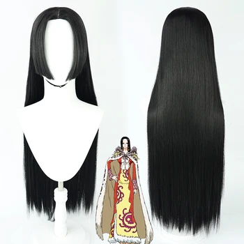 Аниме Боа Хэнкок, парик для косплея, 90 см Длиной, Черные Прямые Парики из термостойких синтетических волос + шапочка для парика