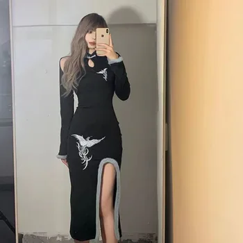 Новый китайский стиль, Черное Сексуальное Длинное женское Ципао, Тонкое китайское платье с разрезом, винтажный костюм Девушки-дьявола с воротником-стойкой