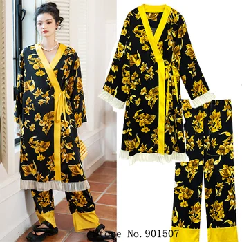 Роскошная пижама для женщин, пижамы с винтажным цветочным принтом, Длинная одежда для отдыха, Атласное кимоно, Халат и брюки, пижама, женский брючный костюм