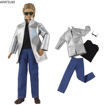 Серебряная кожаная кукольная одежда 1/6 для куклы Ken Boy, пальто, жилет, брюки, солнцезащитные очки для парня Барби, аксессуары для Кена Принса