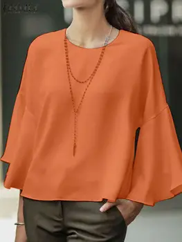 ZANZEA, Женская блузка с расклешенными рукавами, 2023, Осенняя однотонная сорочка, Повседневные Свободные топы с круглым вырезом, туника, Модные Корейские рубашки-качели