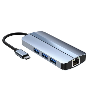 6-В-1 USB C Концентратор Док-станция Type C USB-концентратор USB3.0 RJ45 1000 Мбит/с Устройство чтения карт SD TF, Совместимое с зарядным устройством PD мощностью 100 Вт