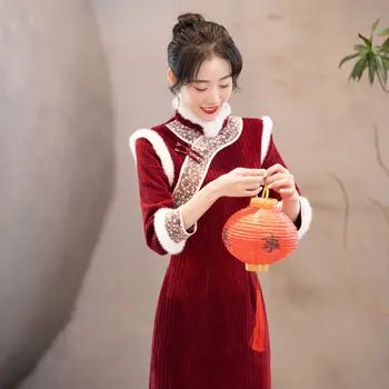 Новый китайский фестиваль Красной весны, Новогодний Чонсам, Юная леди, Зимняя Красная винтажная одежда для взрослых, платье в восточном стиле.