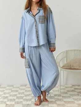Женский пижамный комплект, клетчатая рубашка с длинным рукавом и пуговицами, брюки с эластичным поясом, пижама, одежда для отдыха