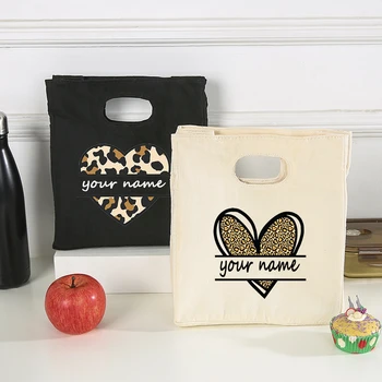 Женские сумки для ланча Leopard Love Heart на заказ Добавьте свой текст, дизайн с принтом, Термоизолированная еда для пикника, Вместительное хранилище по индивидуальному заказу