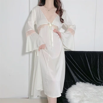 Женская ночная рубашка для свадебной вечеринки, элегантная ночная рубашка с длинными рукавами для дворцовой принцессы, пижамы, летняя ночная рубашка, атласное шелковое домашнее платье