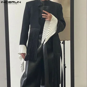 Топы в стиле ночных клубов INCERUN, мужской плиссированный дизайнерский блейзер, повседневный контрастный костюм средней длины в стиле пэчворк, пальто S-5XL 2023