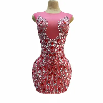 Вечернее платье без рукавов с красными серебряными кристаллами, сексуальный розовый сетчатый наряд для танцев, одежда для костюмированной вечеринки в ночном клубе hongchen