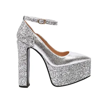 2023 Женская обувь на толстой подошве, высокие каблуки, Модные блестки, элегантная платформа, Женская обувь для банкетов, свадебных вечеринок, Женская обувь