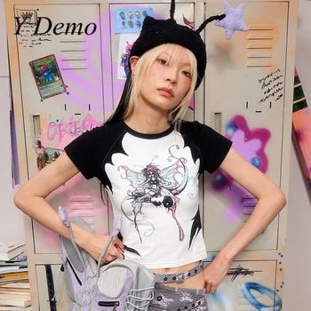 Y Demo Y2k Повседневная женская футболка с коротким рукавом и принтом бабочки, уличная одежда