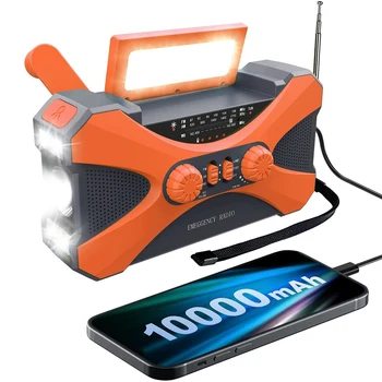 Аварийный радиоприемник емкостью 10000 мАч, радиоприемник на солнечной батарее, портативный радиоприемник с зарядным устройством для телефона, светодиодный фонарик оранжевого цвета