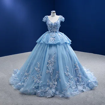 Синее Пышное платье С Роскошным Глубоким V-образным вырезом И Аппликациями, Бальное платье Невесты, Платья С Цветочным Кружевом, Многоуровневое Платье Принцессы Для Банкета, Vestidos De Gala