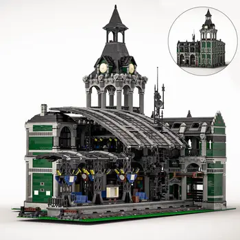 Темно-зеленый Железнодорожный вокзал с Интерьером из 12698 Предметов, Набор Строительных Игрушек MOC Build