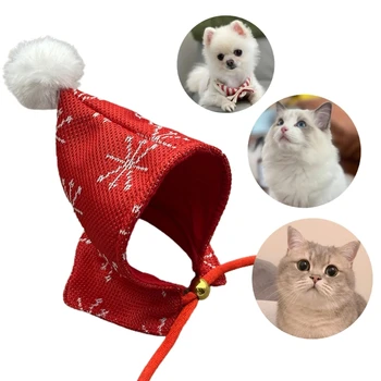 Рождественский шарф для кошек и собак с принтом в виде снежинок, регулируемая шляпа с капюшоном для домашних животных 6XDE