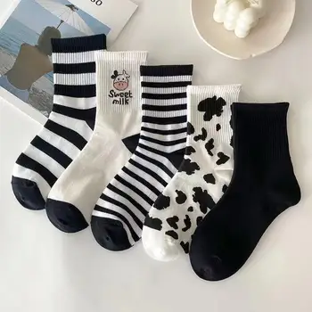 Женские носки с принтом милой коровы из мультфильма, модные повседневные хлопчатобумажные носки в полоску с забавными животными Harajuku Kawaii Calcetines