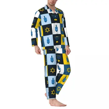 Пижама Мужская с цветным блоком, повседневная пижама в клетку, принт, 2 предмета, винтажные пижамные комплекты с длинными рукавами, милый домашний костюм большого размера