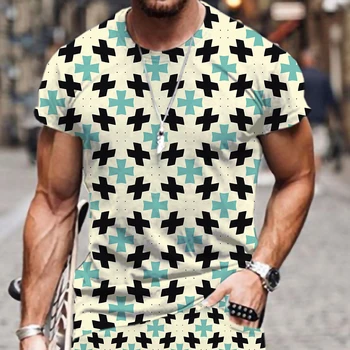 Мужская футболка с геометрическим рисунком, свободный 3D-принт с круглым вырезом, крутой короткий рукав, дышащие топы в стиле харадзюку в стиле хип-хоп Оверсайз