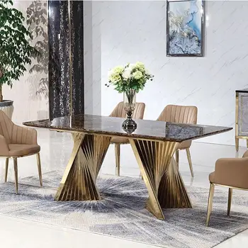 Современный роскошный обеденный стол с позолоченным основанием из нержавеющей стали, европейский клуб, ресторан Отеля, мраморный стол