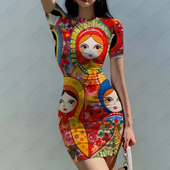 Русский комплект Детское платье с принтом, классическое платье с круглым вырезом, летнее удобное платье с короткими рукавами, женское облегающее платье