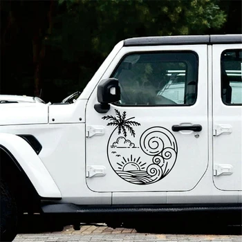 Наклейка на автомобиль с линией прибоя и солнечной волной, ветровое стекло, капот, Пальмовое дерево, пляжный пейзаж, наклейка на автомобиль для внедорожника Jeep
